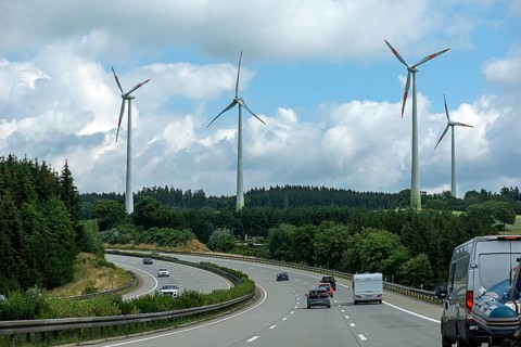 Wind turbines on the A 9 motorway, Upper Franconia, Bavaria, Germany, Europe