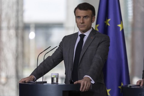 Emmanuel Macron, President of France, recorded during a press conference at the Federal Chancellery