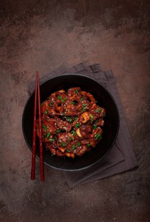 Bulgogi, with mushrooms, with sesame seeds and green onions, Korean cuisine, homemade, no people