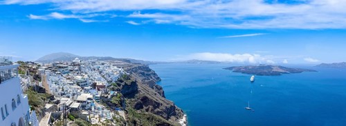 Greece Islands, scenic panoramic sea views of Santorini island from top outlook of Fira village.