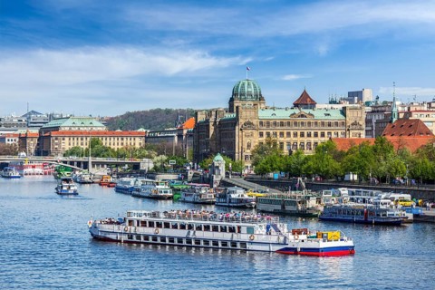 Tourist boats on Vltava river in Prague, Czech Republic, Europe