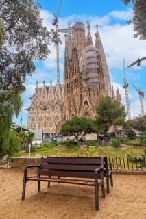 A bench without people in the Basilica of the Sagrada Familia in Barcelona, Spain, Europe