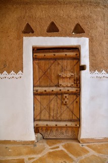 Old door in Al Masmak Fort, historic fortress built in 1865, in the old city of Riyadh, Saudi