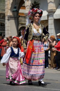 Woman with child in traditional traditional costume, festival in Kerkira, Corfu Town, Corfu, Ionian