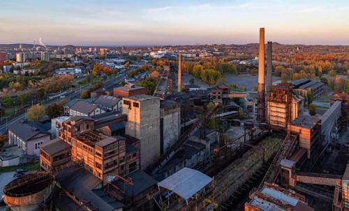 A picture of the Lower Vítkovice industrial complex at sunset