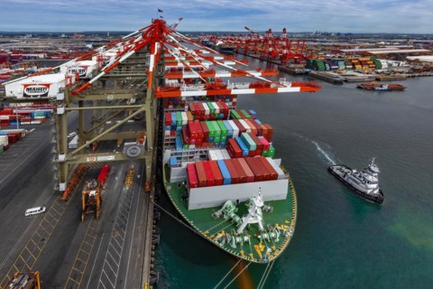 Super Post Panamax Container Ship Loading, Aerial image, Port of Elizabeth, Newark, New Jersey,
