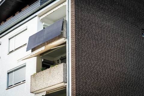 Balcony power plant on an apartment block in Monheim am Rhein, Germany, Europe