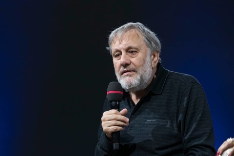 FRANKFURT AM MAIN, Germany, October 18 2023: Slavoj Žižek (*1949), on stage at the 75th Frankfurt