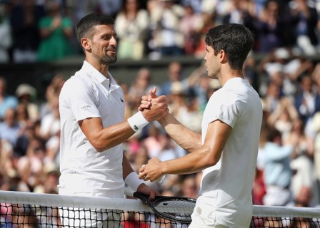 Serbian tennis p (layer Novak Djokovic congratulates the winner Carlos Alcaraz at the 2024