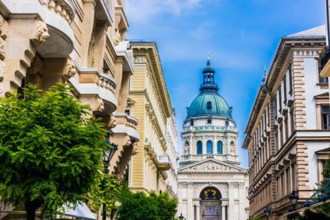 Architecture of Zrinyi utca with St. Stephen's Basilica in Budapest, Hungary, Europe