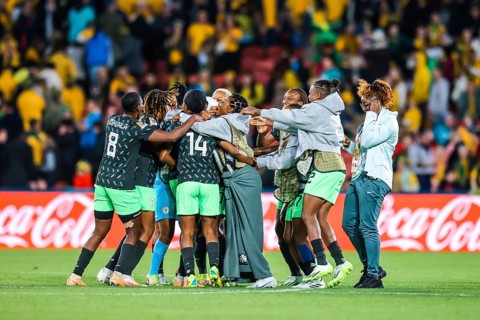 BRISBANE, AUSTRALIA, JULY 27: Nigeria team celebrate beating Australia at the FIFA Women's World