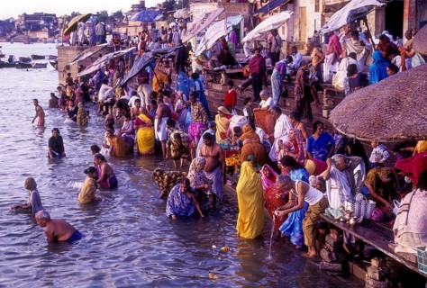 Hindu religious morning rituals in the Ganges Ganga River, Diwali festival at Varanasi Benaras,