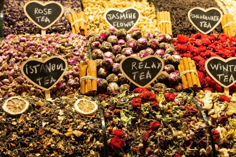 Market with different types of tea, herbs, plants and dried flowers