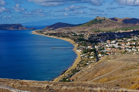 View from the viewpoint, Vila Baleira village, Miradouro Portella 162 m, sandy beach, Madeira