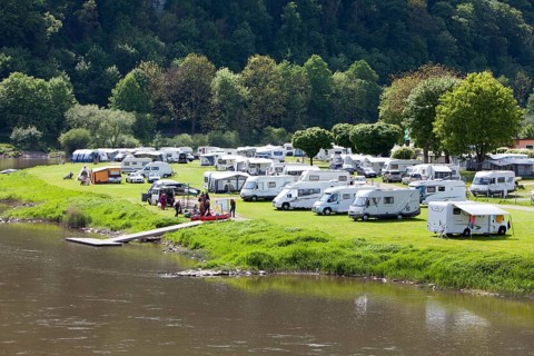Campsite at Bad Karlshafen, Upper Weser Valley, Weser Uplands, Weserbergland, Hesse, Germany,