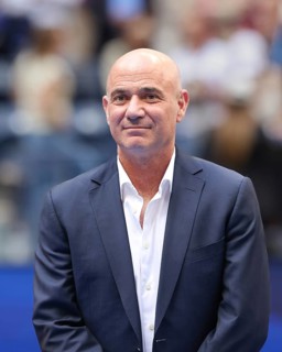 Tennis legend Andre Agassi during the Men's Singles trophy presentation at the US Open 2024