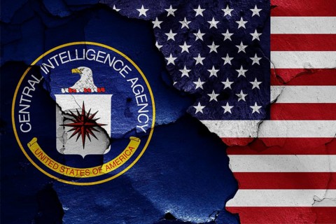 Flags of Central Intelligence Agency and USA painted on cracked wall