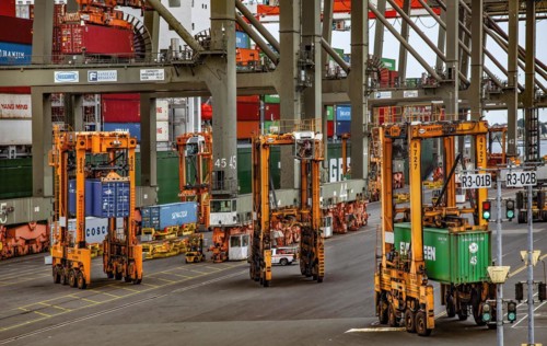 Straddles and Cranes Moving Shipping Containers, Container Shipping Yard, Port of Elizabeth,