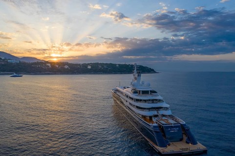 Aerial view of 133 metre motor yacht AL MIRQAB, delivered in 2008 by the German shipyard Kusch