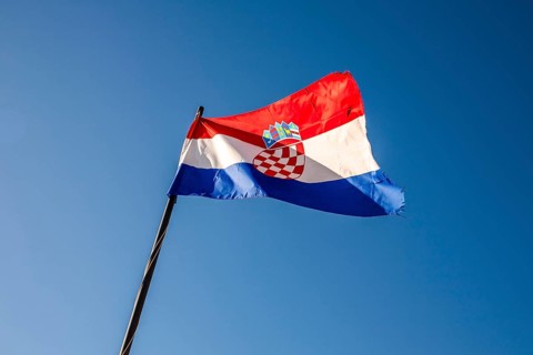 Flag of Croatia waving in the wind, Dubrovnik, Dalmatia, Croatia, Europe
