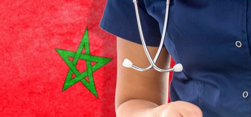 Morocco flag female doctor with stethoscope, national healthcare system