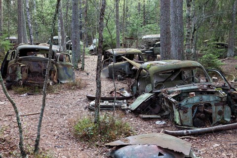 Car cemetery of Kyrkoe Mosse, Ryd, Tingsryd, Kronoberg County, Sweden, Europe