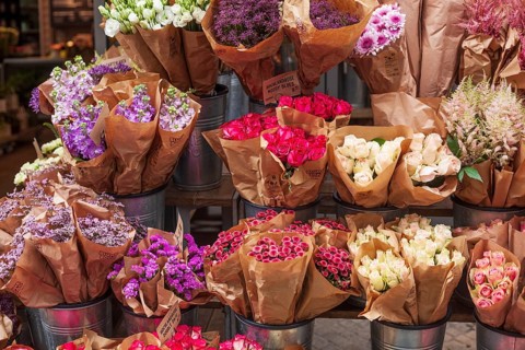 Bundled bouquets in front of a flower shop, Germany, Europe