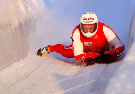 Skeleton tobogganist in Innsbruck bobsleigh track, Bobbahn Igls, Innsbruck, Tyrol, Austria, Europe