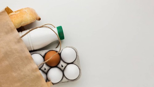 Top view organic eggs fresh milk with copy space. High resolution photo
