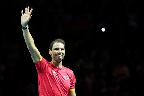 Rafael Nadal (ESP) waving during a tribute ceremony as he retires from playing professional tennis