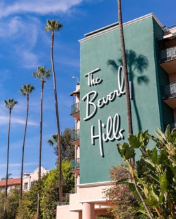 A picture of The Beverly Hills Hotel's sign on its facade and the nearby palm trees