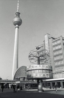 09.11.1971 GDR East Berlin Mitte district. View of the World Time Clock, Alexanderplatz S-Bahn
