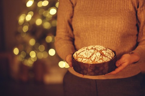 Cropped shot of woman holding delicious freshly baked homemade Christmas pie while standing against