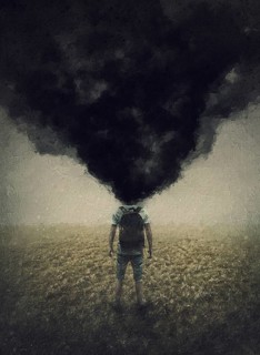 Surreal painting of a depressed person with exploded and fuming head. Man shattering black smoke