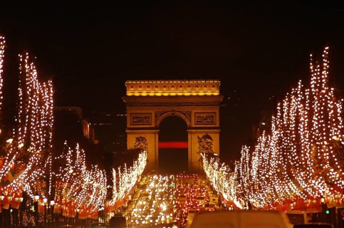Arc de Triomphe and Christmas illuminations on the Champs Elysees, Paris in France