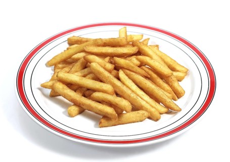 PLATE WITH FRENCH FRIES IN FRONT OF WHITE BACKGROUND