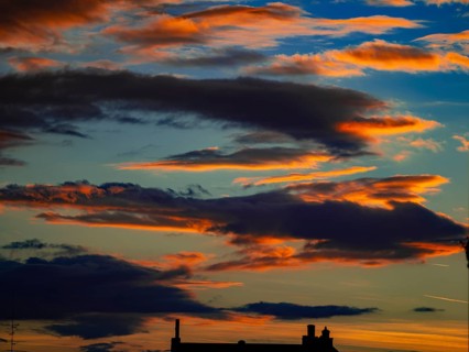 Red-blue sky with clouds at sunset, Offenbach am Main, Hesse, Germany, Europe