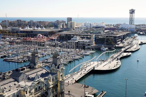 Barcelona, Spain - March 01, 2016: Aerial view of Port Vell and Barceloneta with Rambla del Mar