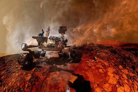 Curiosity rover exploring the surface of Mars. Science fiction wallpaper. Elements of this image