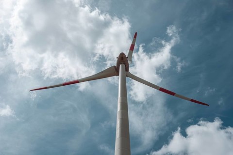 Wind turbines in summer near Waldsachsen in the Hassberge district of Lower Franconia