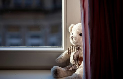 Toy bear sitting at the window, illuminated by warm sunlight