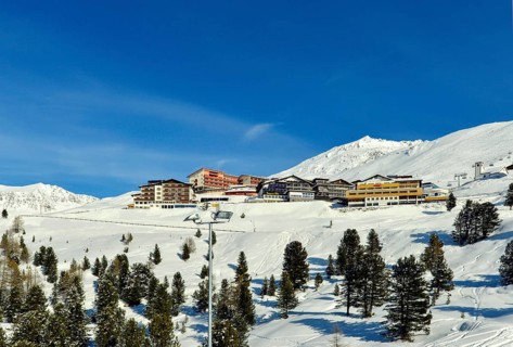 Hotels and Church, Winter, Hochgurgl in Oetztal, Oetztal Alps, Tyrol, Austria, Europe