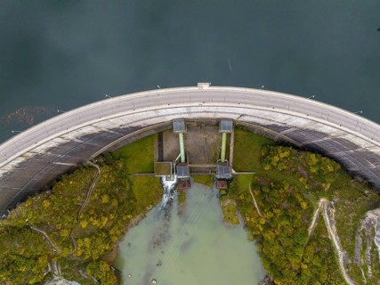 Dam on Lac de Gruyère, Lake Gruyère, reservoir, aerial view, Rossens, Fribourg, Switzerland, Europe