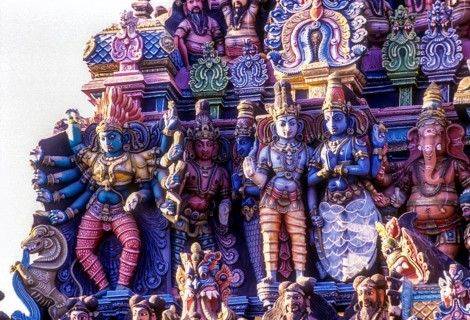 Stucco figures on Meenakshi temple tower in Madurai, Tamil Nadu, South India, India, Asia