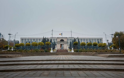 View from the square of the Triumphal Arch in front of the government building, Chisinau, Moldova.