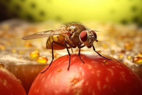 Close-up of a fruit fly, fruit fly, vinegar fly (Drosophila Melanogaster) on fruit, AI generated