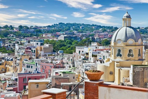 PROCIDA, ITALY - CIRCA AUGUST 2020: panoramic view of the mediterranean Italian island close to
