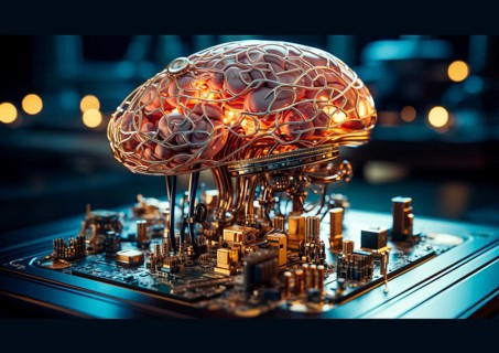 Symbol photo for artificial intelligence, a brain is wired on a computer board, AI generated