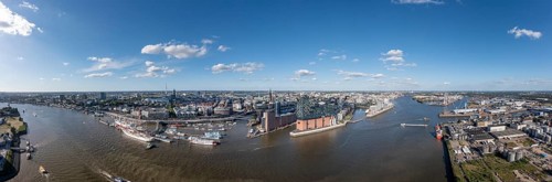 Large panorama, aerial photo, drone photo, Elbe, skyline harbour with museum ships, container