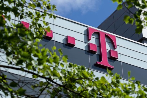 Telekom logo on the façade of the Telekom administration at Heiligengeistfeld in Hamburg, Germany,